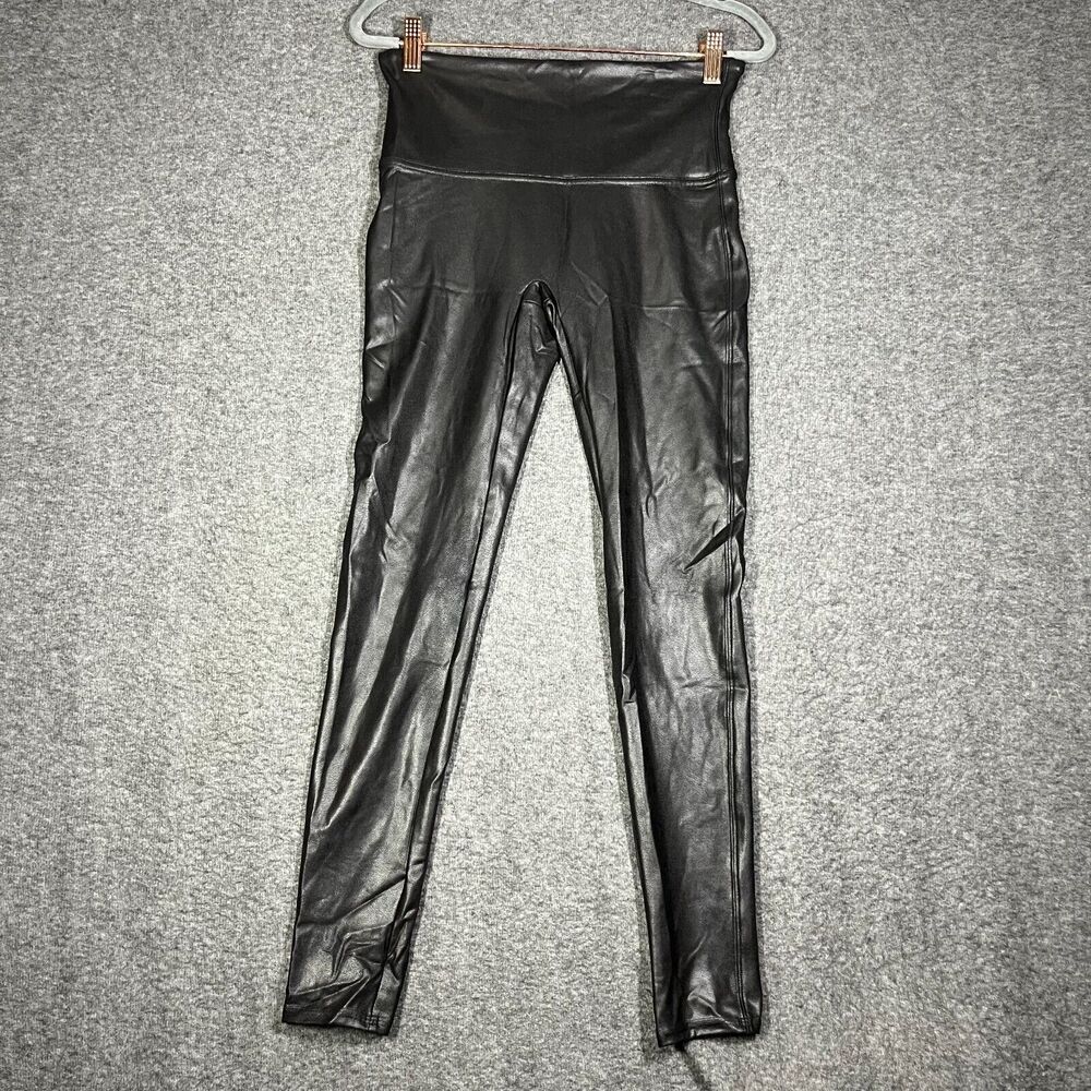 Spanx Black Metallic Faux Leather Leggings Size Large Classic 28x27